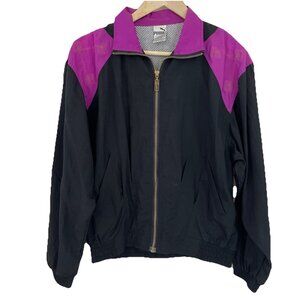 Vintage 80s Puma Track Jacket Women's Small Black Purple Nylon Parachute Rave